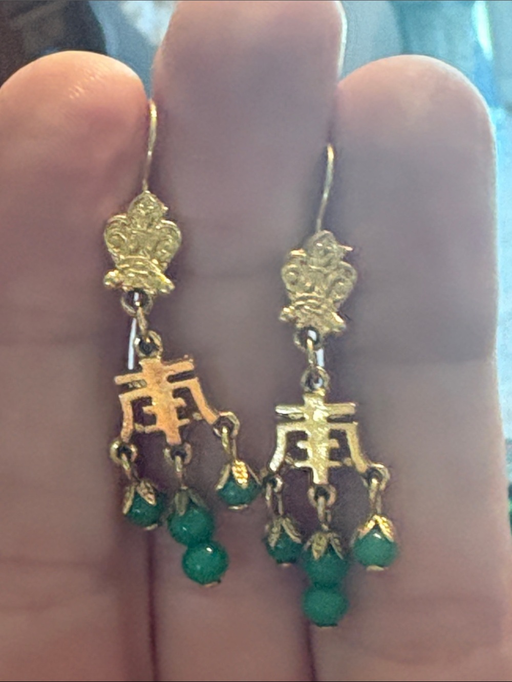 Vintage Gold and Green Dangle Earrings with Green Beads